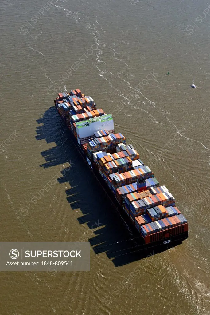 Container ship APL Vanda on the Elbe River, aerial view, Hamburg, Hamburg, Germany