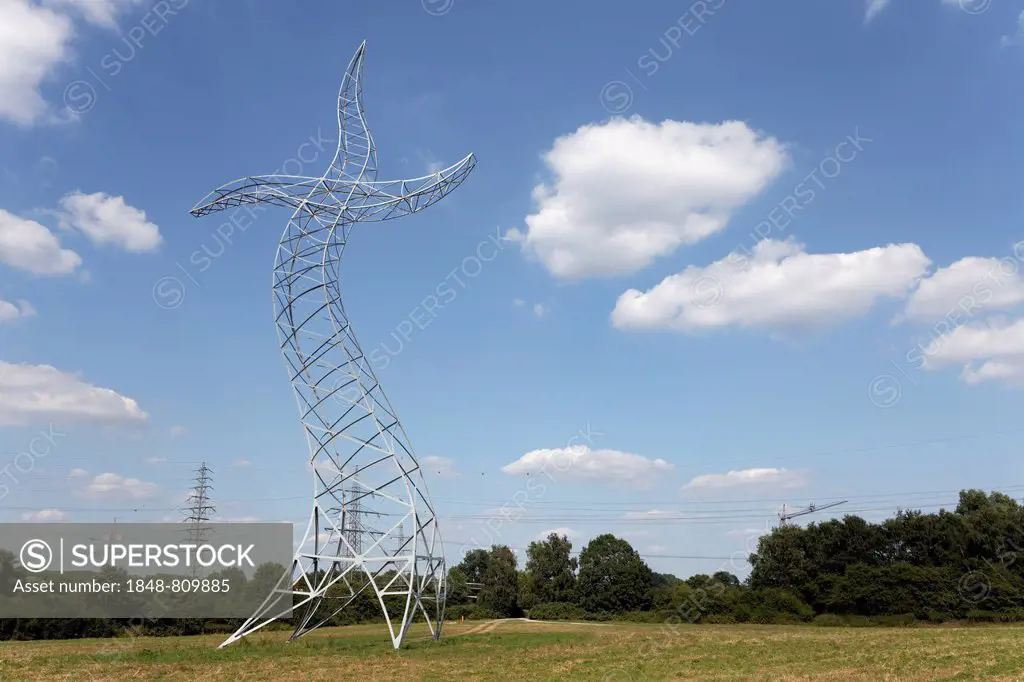 Dancing electricity pylon, Sculpture Zauberlehrling, German for Sorcerers Apprentice created by Kuenstlergruppe Inges Idee, near Haus Ripshorst, Emsc...