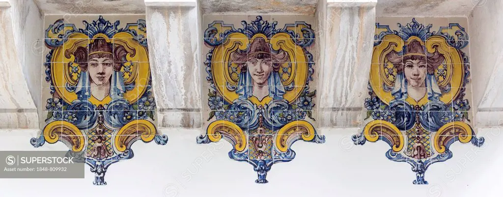 Painted Azulejos tiles, Art Nouveau style, women's heads, Sintra, Lisbon District, Portugal