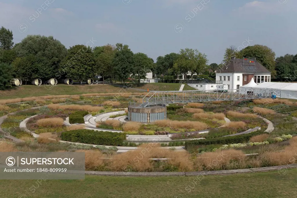 Planted clarifiers, BernePark, former sewage treatment plant on the Emscher River, Route of Industrial Heritage, Bottrop, Ruhr district, North Rhine-W...