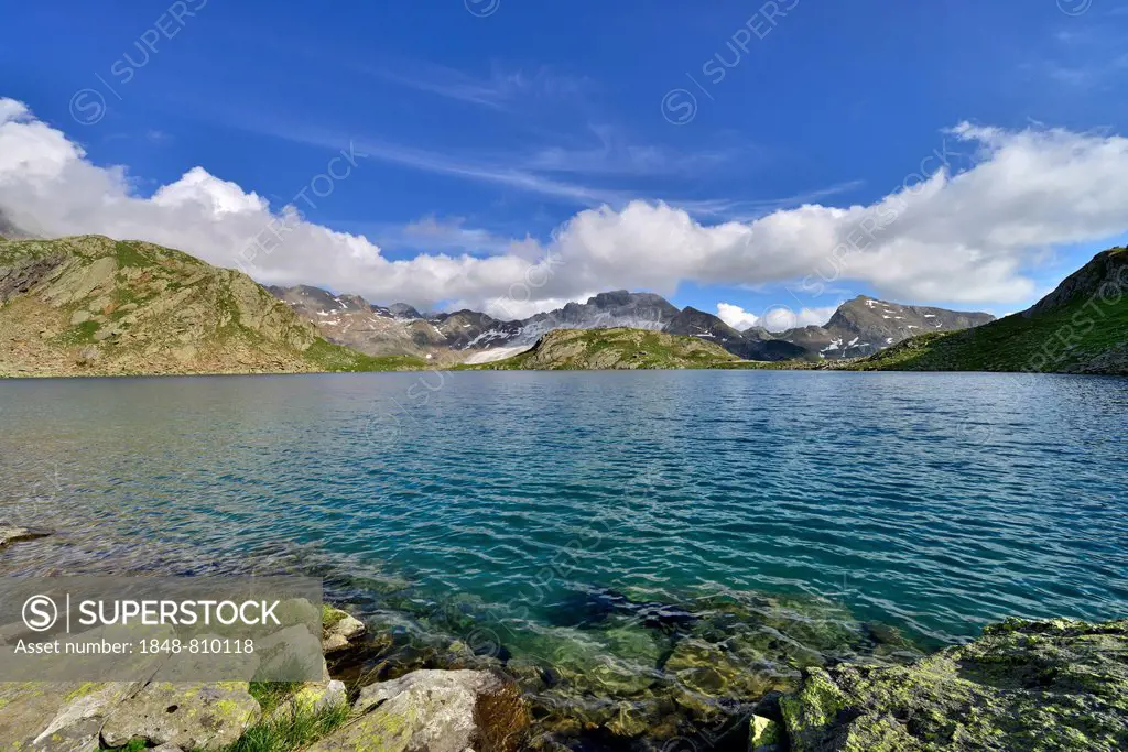 Grosser Schwarzsee lake or Lago Nero, Schneeberger Weisse Mountain at the rear, Stubai Alps, Tyrol, Austria