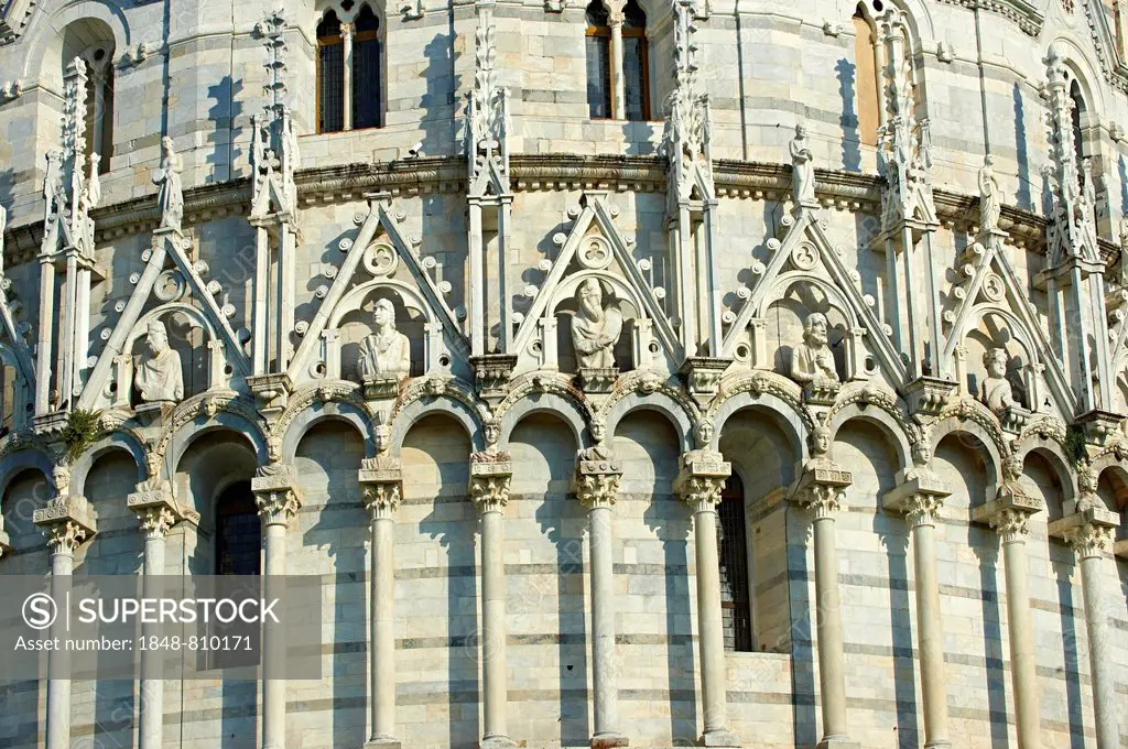 Medieval sculptures of the exterior of the Bapistry of Pisa, Pisa, Province of Pisa, Tuscany, Italy