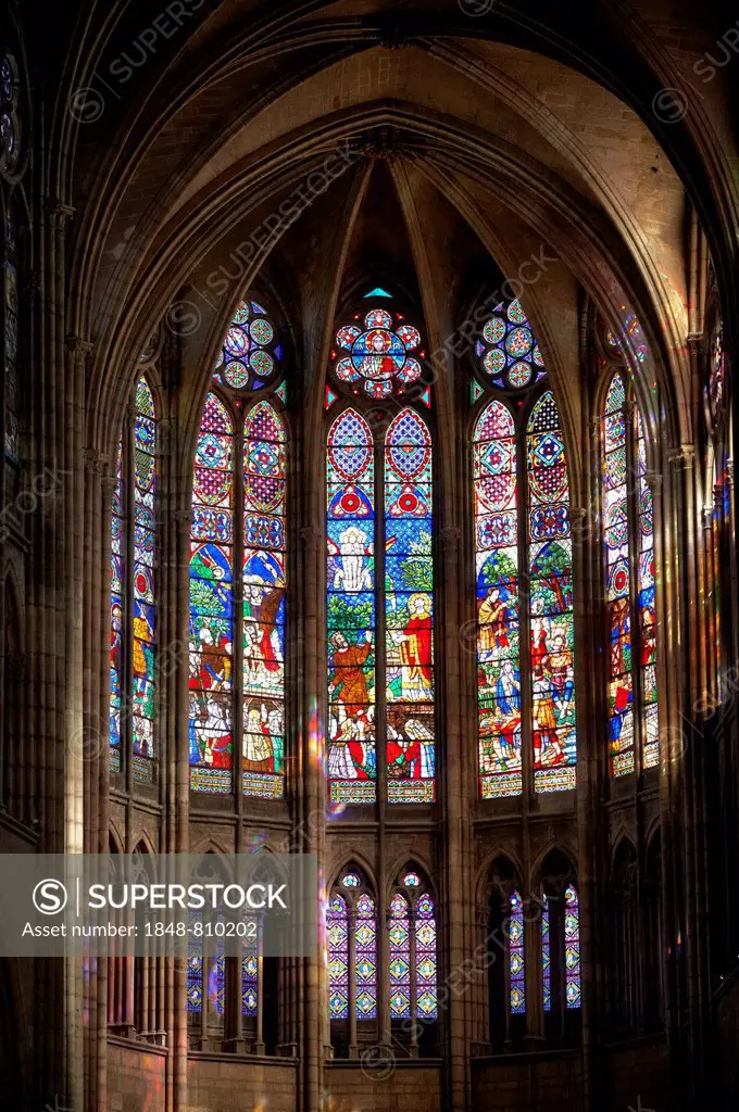Gothic stained glass windows depicting scenes from the Martyrdom of Saint Denis, Cathedral Basilica of Saint Denis, Basilique Saint-Denis, Paris, Ile-...