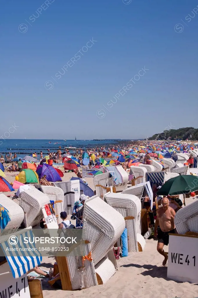 Roofed wicker beach chairs on a beach, Kühlungsborn, Mecklenburg-Western Pomerania, Germany