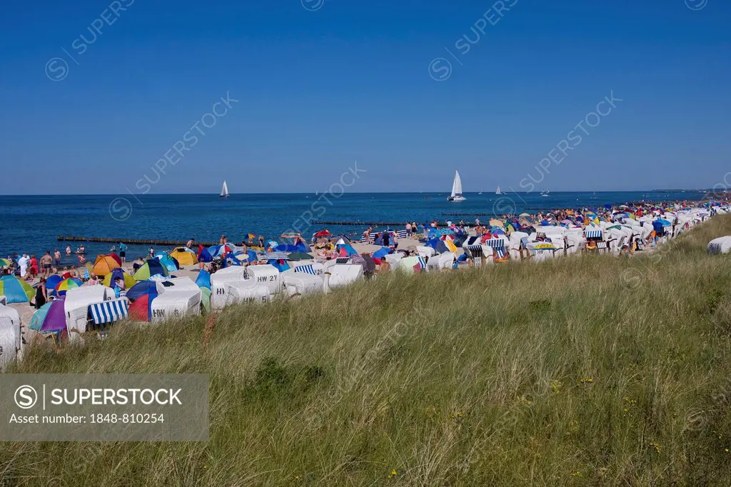 Coast with roofed wicker beach chairs on a beach, Kühlungsborn, Mecklenburg-Western Pomerania, Germany
