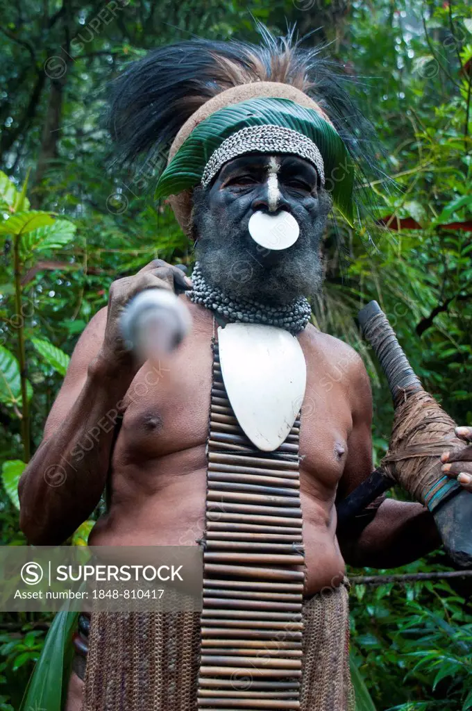 Tribal chief wearing a traditional dress holding a spear, Highlands Region, Papua New Guinea