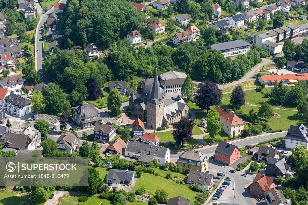 Aerial view, Church of St. Blasius, Balve, North Rhine-Westphalia, Germany