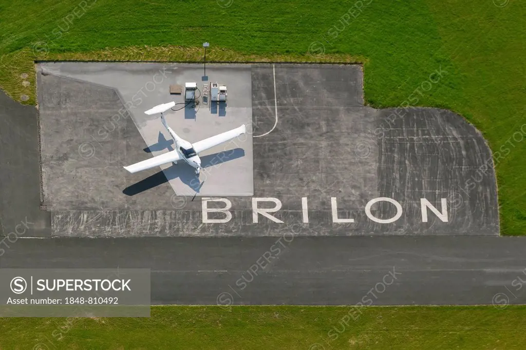 Aerial view, airplane at the fueling station of Brilon Airport, Brilon, North Rhine-Westphalia, Germany