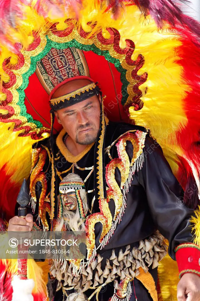Man wearing a festive traditional Indio costume, Andacollo, Coquimbo Region, Chile