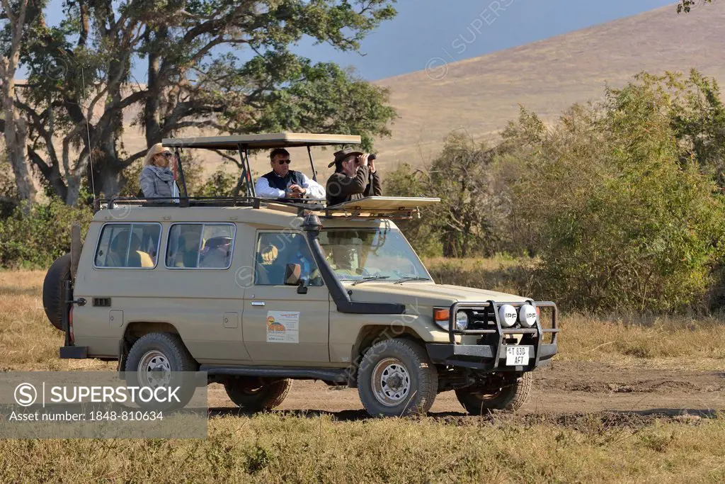 Safari vehicle travelling in the Ngorongoro Crater, Ngorongoro Conservation Area, Tanzania