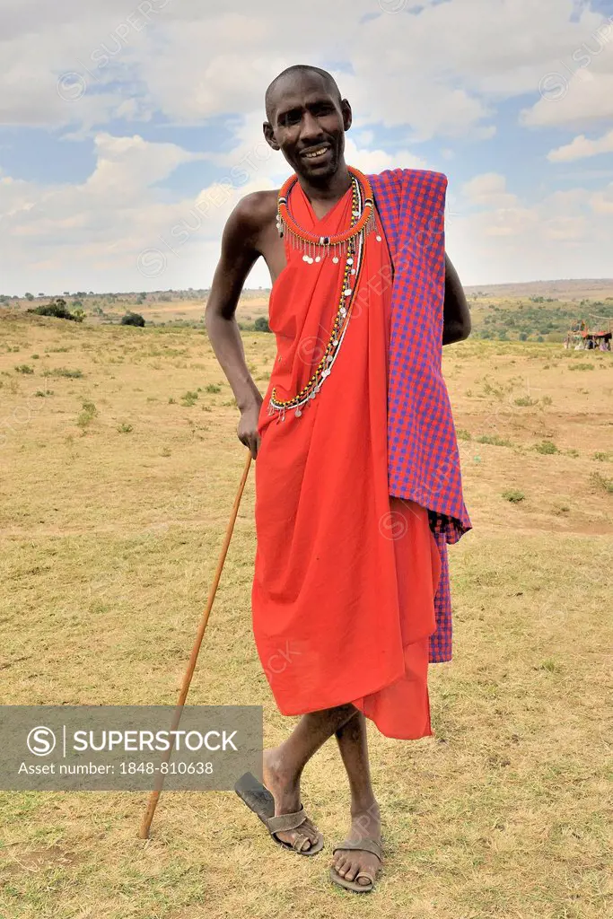 Maasai in typical pose on one leg, Massai Mara, Enkutoto, Serengeti, Rift Valley province, Kenya
