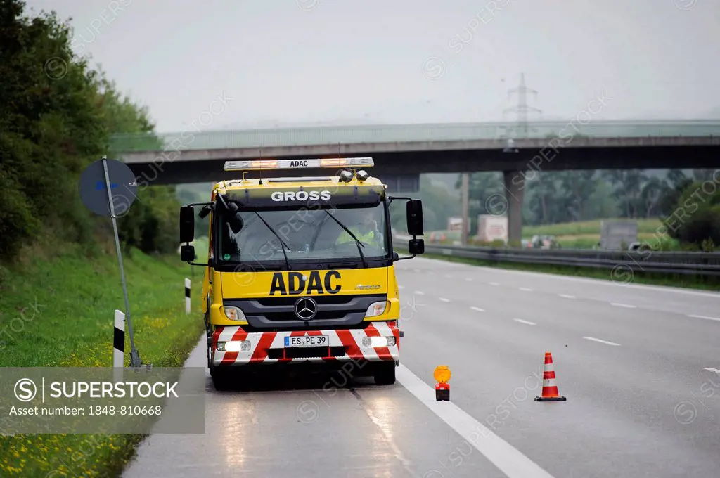 Vehicle of the ADAC at the scene of an accident on the A8 motorway, near Kirchheim Teck, Baden-Württemberg, Germany