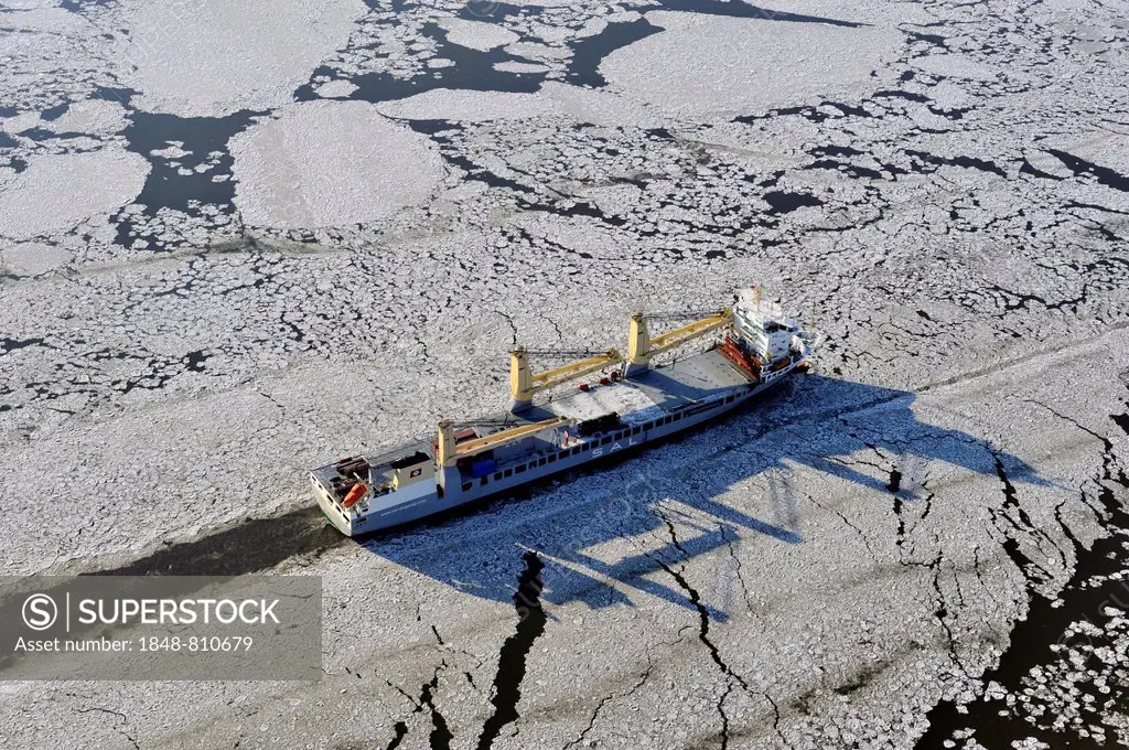 Ship on the Elbe River with ice flow, aerial view, Hamburg, Hamburg, Germany