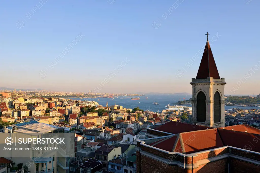 View from 360 Restaurant, church tower of the Basilica of St. Anthony, Bosphorus, Golden Horn, Beyoglu, Istanbul, European side, Istanbul Province, Tu...