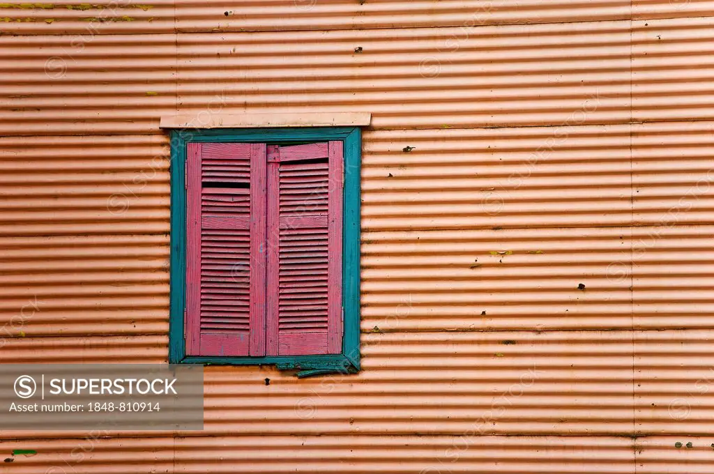 Closed shutters in a corrugated iron facade, La Boca, Buenos Aires, Buenos Aires Province, Argentina