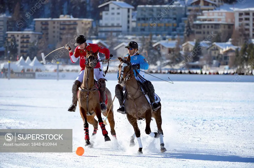 Polo tournament, 28th St. Moritz Polo World Cup on Snow on the frozen Lake St. Moritz, Engadin, Graubünden, Switzerland