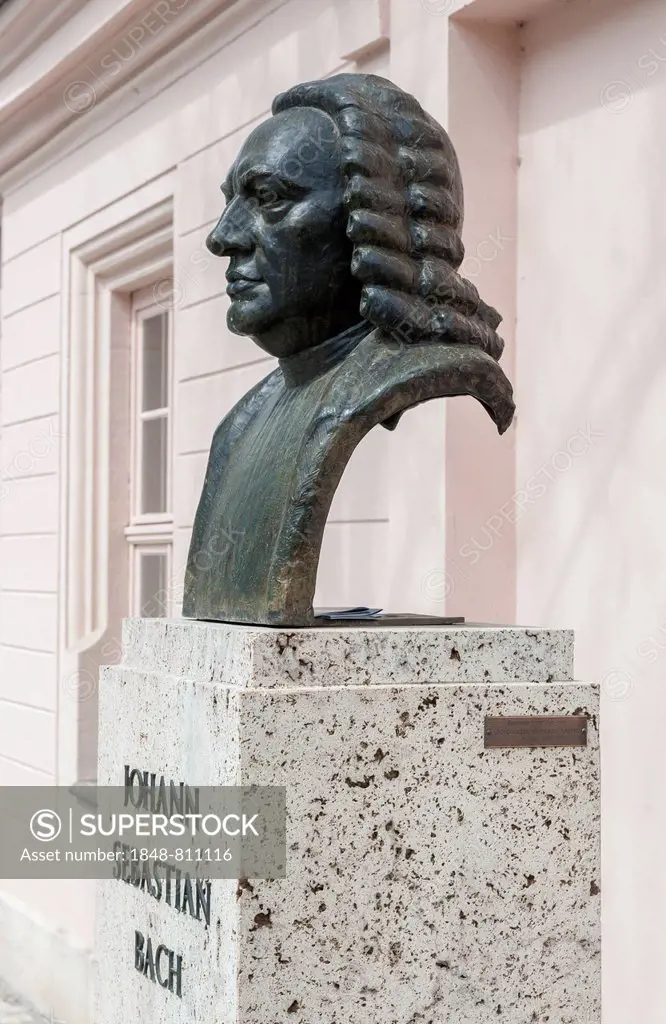 Monument to Johann Sebastian Bach, bronze bust on a stone plinth with an inscription, Weimar, Thuringia, Germany