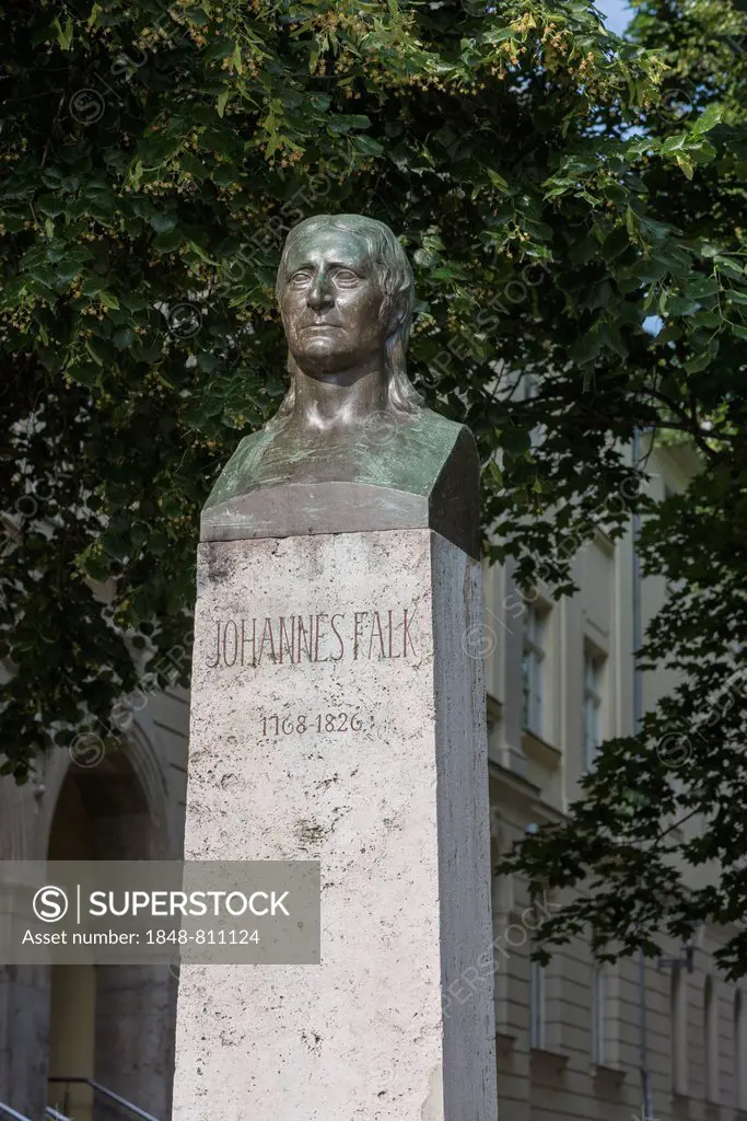 Monument to Johannes Falk, bronze bust on a stone plinth with an inscription, Weimar, Thuringia, Germany