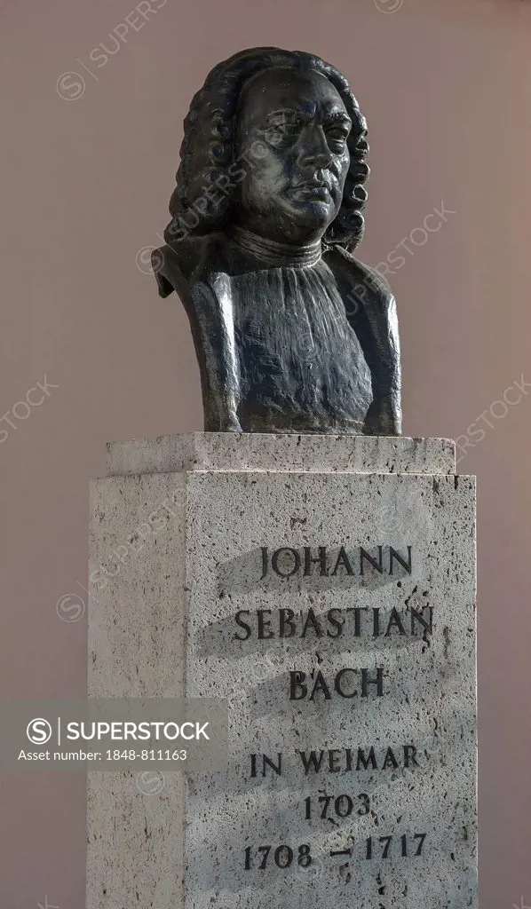 Monument to Johann Sebastian Bach, bronze bust on a stone plinth with an inscription, Weimar, Thuringia, Germany