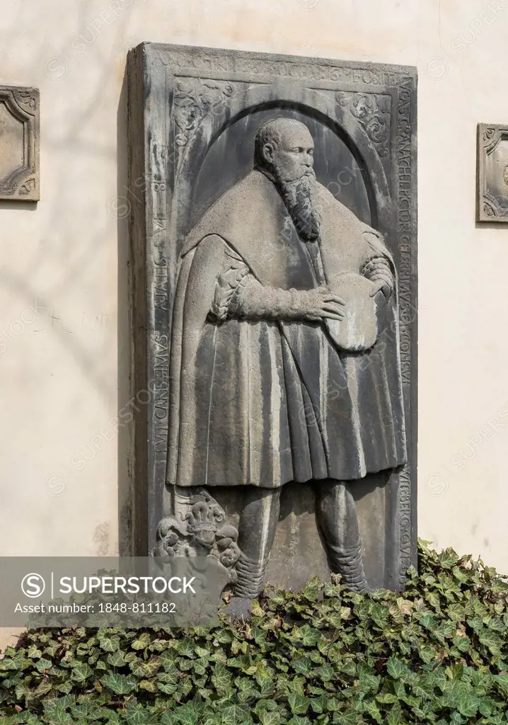 Lucas Cranach the Elder, grave slab with a relief of the painter, placed on the wall of the Church of St. James, Weimar, Thuringia, Germany