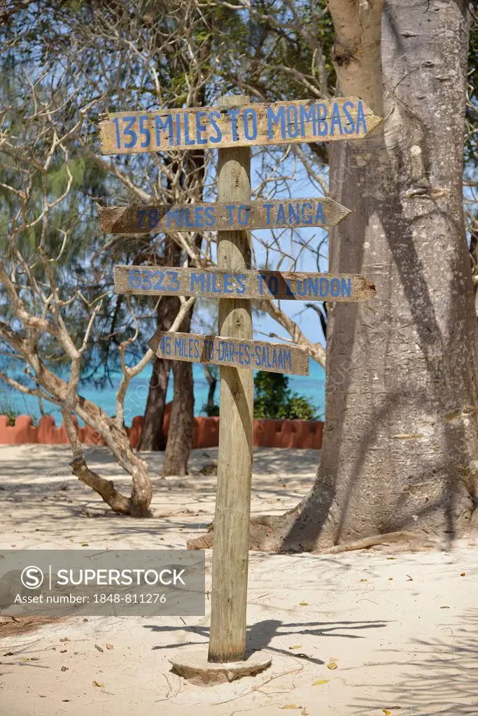 Signposts, Changuu Island, Zanzibar Archipelago, Tanzania