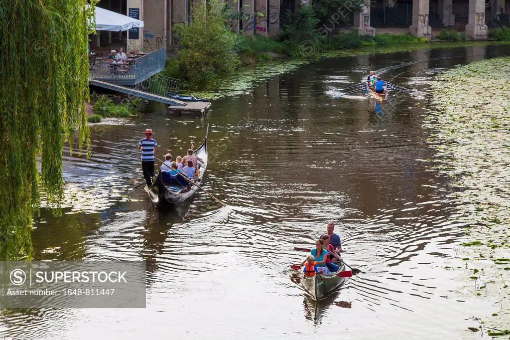 Gondola, canoeists and rowers on the Karl-Heine Canal, Plagwitz, Leipzig, Saxony, Germany
