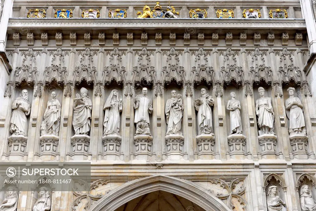 Westminster Abbey, statues on the façade, London, London region, England, United Kingdom