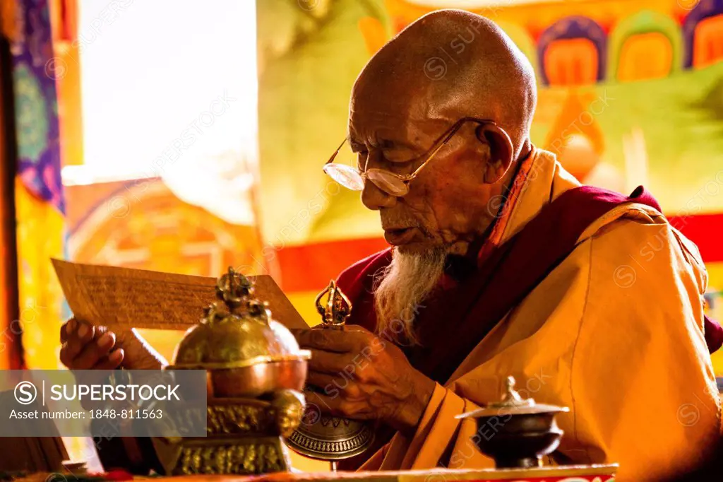 Monk at a religious festival, Likir Monastery or Likir Gompa, Likir, Ladakh, Jammu and Kashmir, India