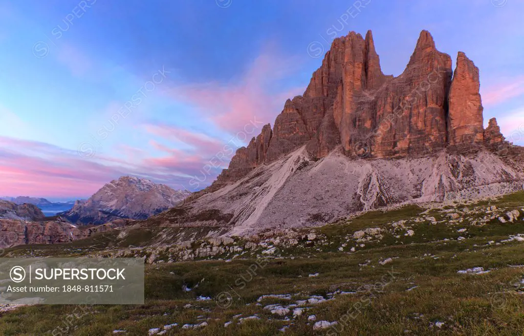Three Peaks in the early morning light, Hochpustertal valley, Sexten, South Tyrol province, Trentino-Alto Adige, Italy
