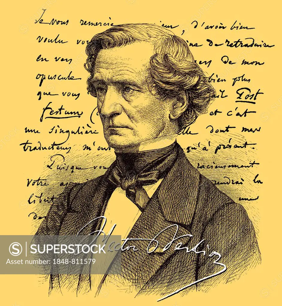 Historical manuscript with the portrait of Louis Hector Berlioz, 1803 - 1869, French composer and music critic