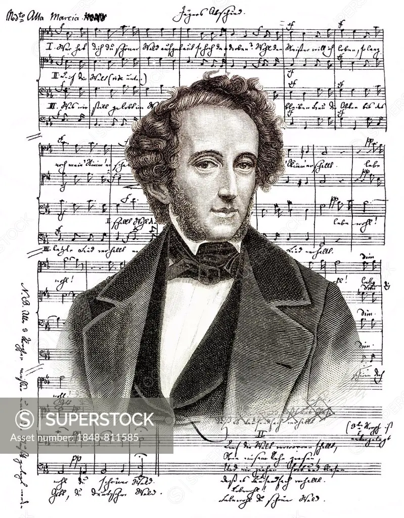 Historical music sheet manuscript by Jacob Ludwig Felix Mendelssohn Bartholdy, 1809 - 1847, German composer, pianist and organist
