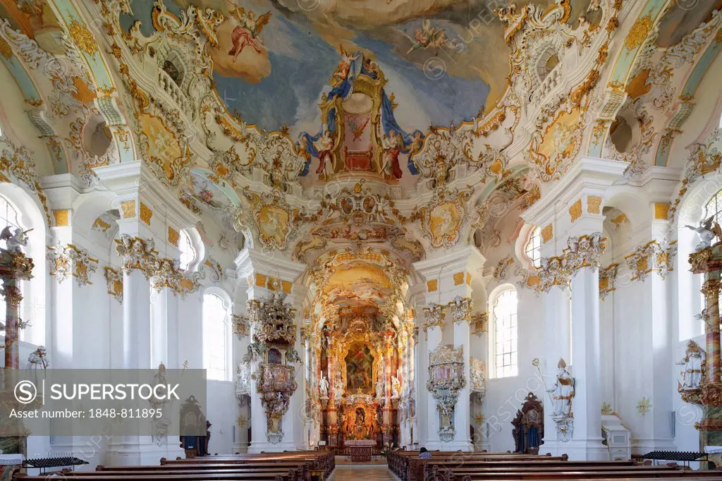 Interior, Wieskirche church or Pilgrimage Church of Wies, UNESCO World Heritage Site, Wies, Steingaden, Pfaffenwinkel region, Upper Bavaria, Bavaria, ...
