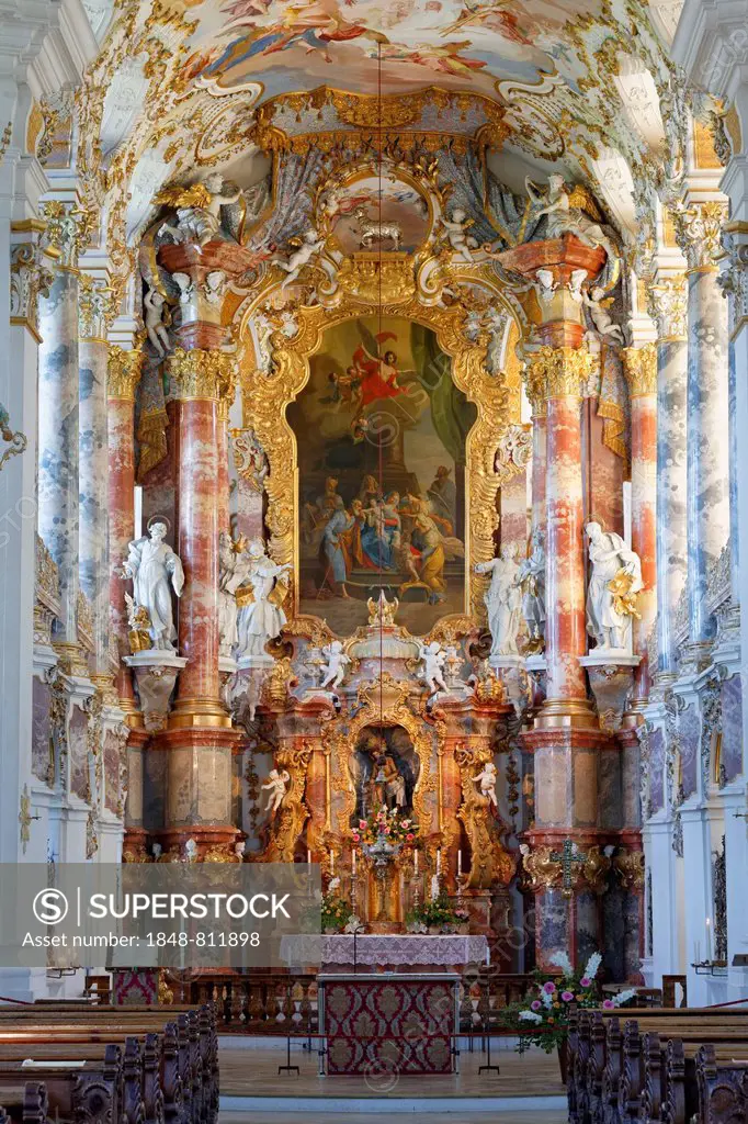 Interior, high altar, Wieskirche church or Pilgrimage Church of Wies, UNESCO World Heritage Site, Wies, Steingaden, Pfaffenwinkel region, Upper Bavari...