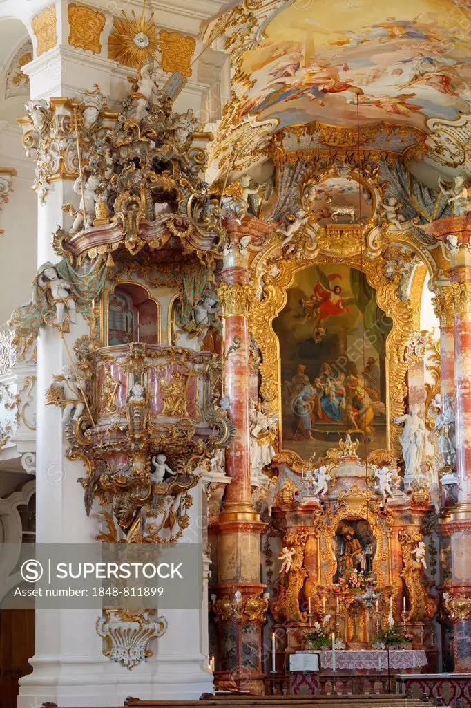 Interior, pulpit and high altar, Wieskirche church or Pilgrimage Church of Wies, UNESCO World Heritage Site, Wies, Steingaden, Pfaffenwinkel region, U...