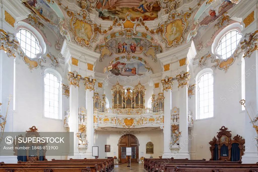 Interior, organ, Wieskirche church or Pilgrimage Church of Wies, UNESCO World Heritage Site, Wies, Steingaden, Pfaffenwinkel region, Upper Bavaria, Ba...