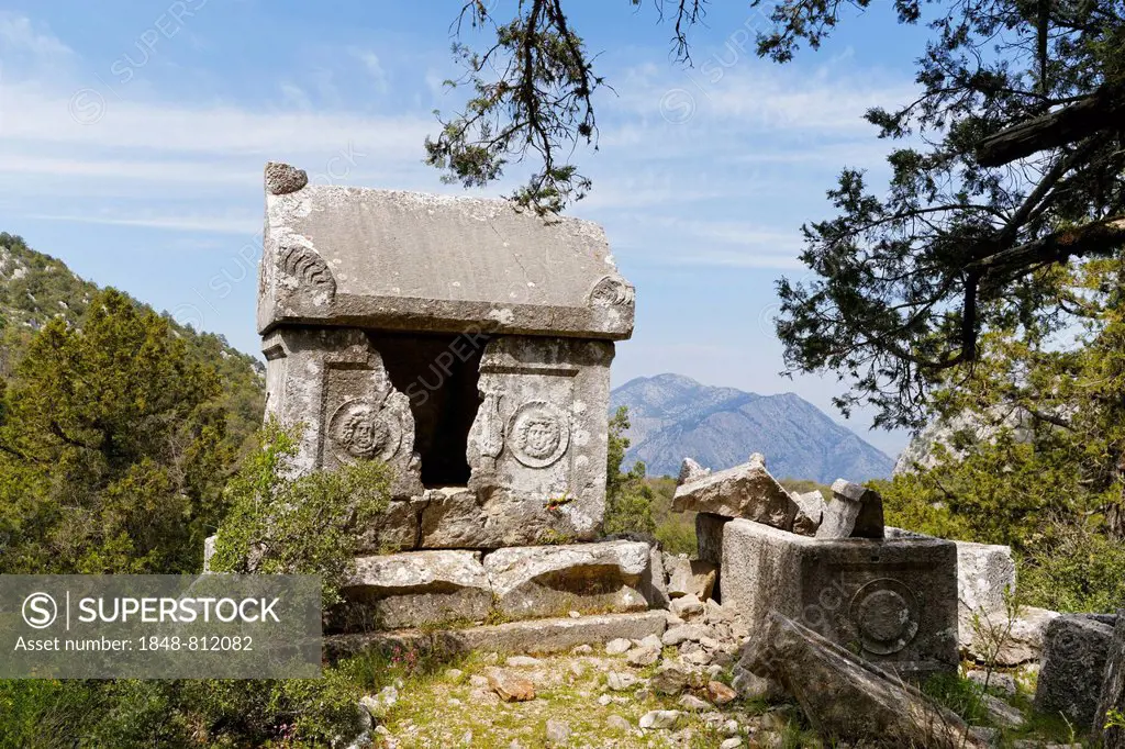 Sarcophagi in the necropolis, ancient city of Termessos, Taurus Mountains, Termessos, Antalya Province, Turkey