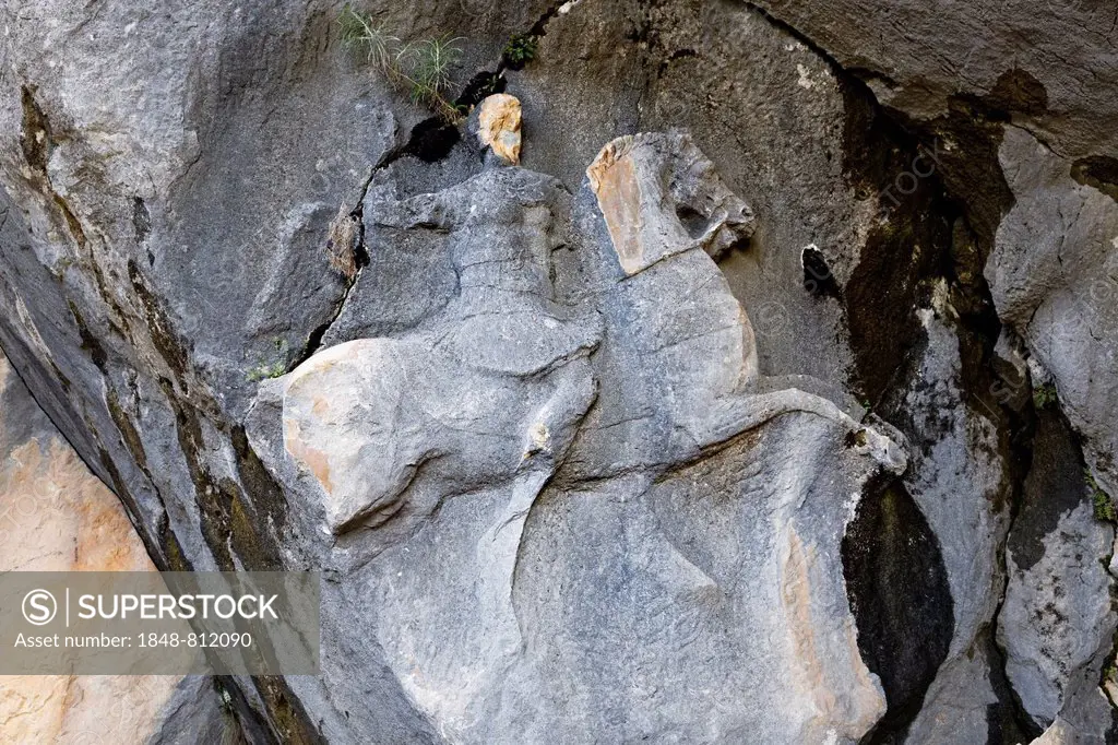 Stone relief, Macedonian horse rider on the grave of Alcetas, ancient city of Termessos, Taurus Mountains, Termessos, Antalya Province, Turkey