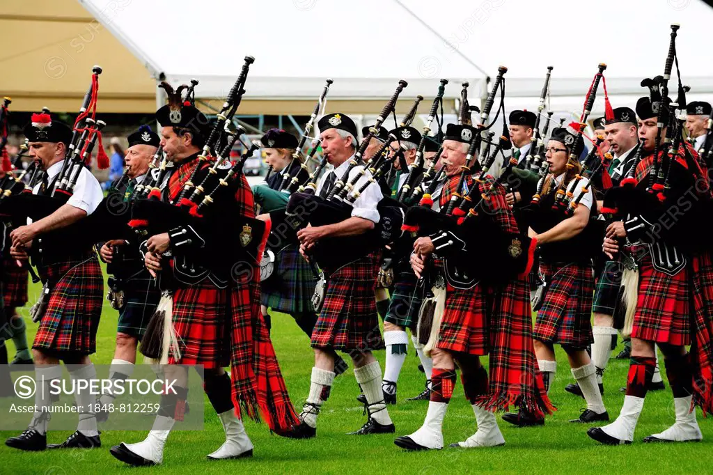Bagpipers during the opening of the Highland Games, Inverness, Highlands, Scotland, United Kingdom