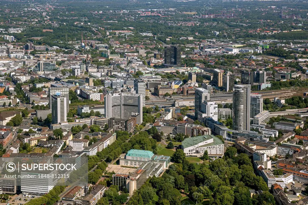 Aerial view, town centre with the Evonik high-rise building and the building of RWE Power, Essen, North Rhine-Westphalia, Germany