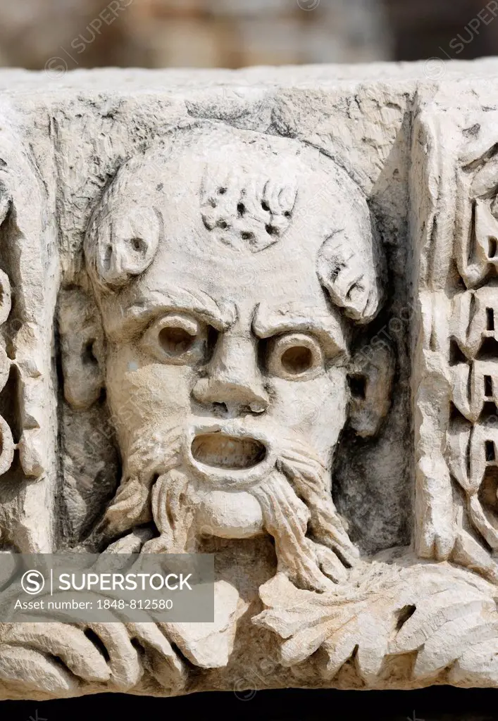 Stone relief, mask, Myra, Demre, Lycia, Province of Antalya, Turkey