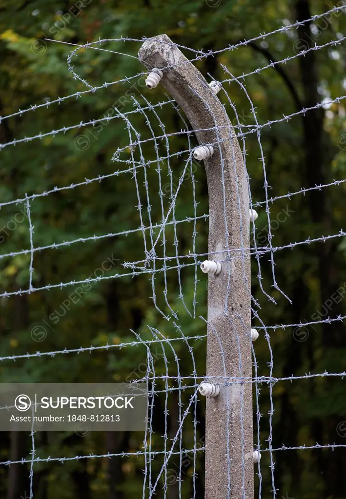 Buchenwald Memorial, reconstructed camp fence with barbed wire and electrical insulators, Ettersberg, Weimar, Thuringia, Germany