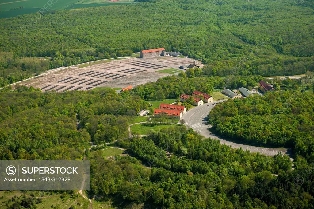 Buchenwald Memorial, former concentration camp, camp grounds and buildings of the guards, aerial view, Ettersberg, Weimar, Thuringia, Germany