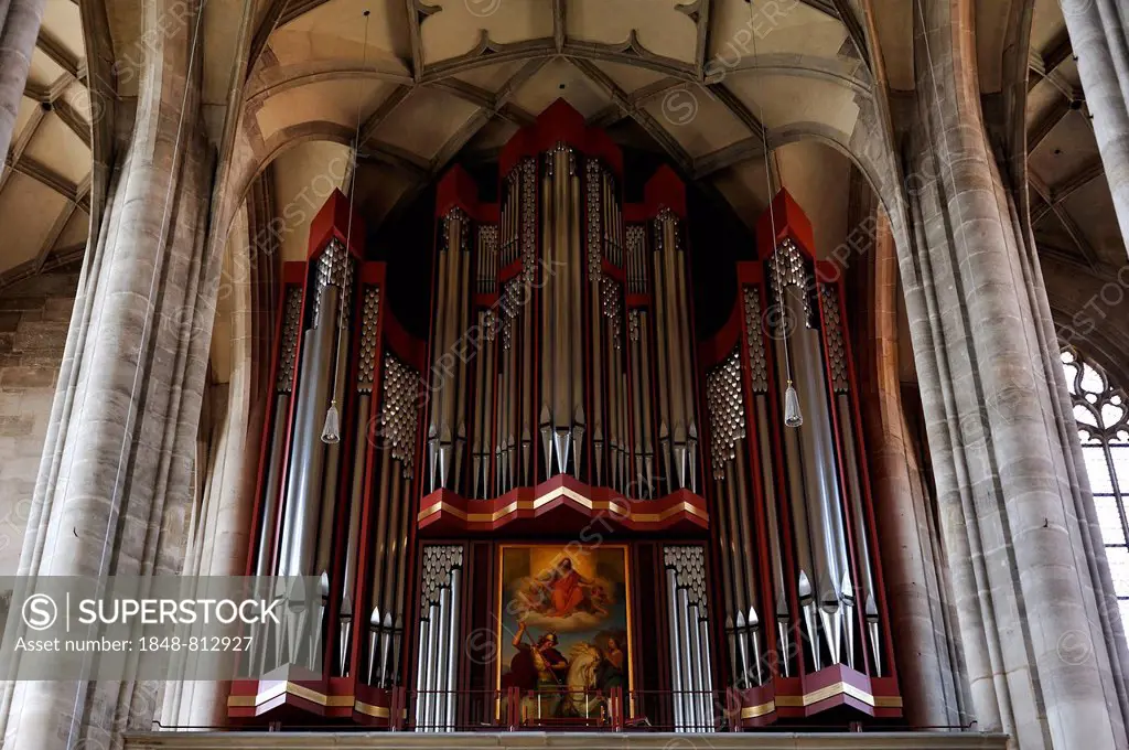Rieger organ, completed in 1997, in the late-gothic three-naved hall church, St. George's Minster, 1499, Dinkelsbühl, Middle Franconia, Bavaria, Germa...