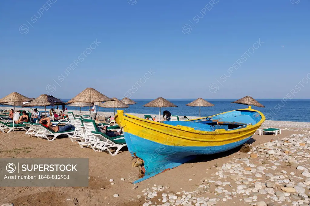Beach of Olympos, old fishing boat, Lycian Coast, Çirali, Lycia, Province of Antalya, Turkey