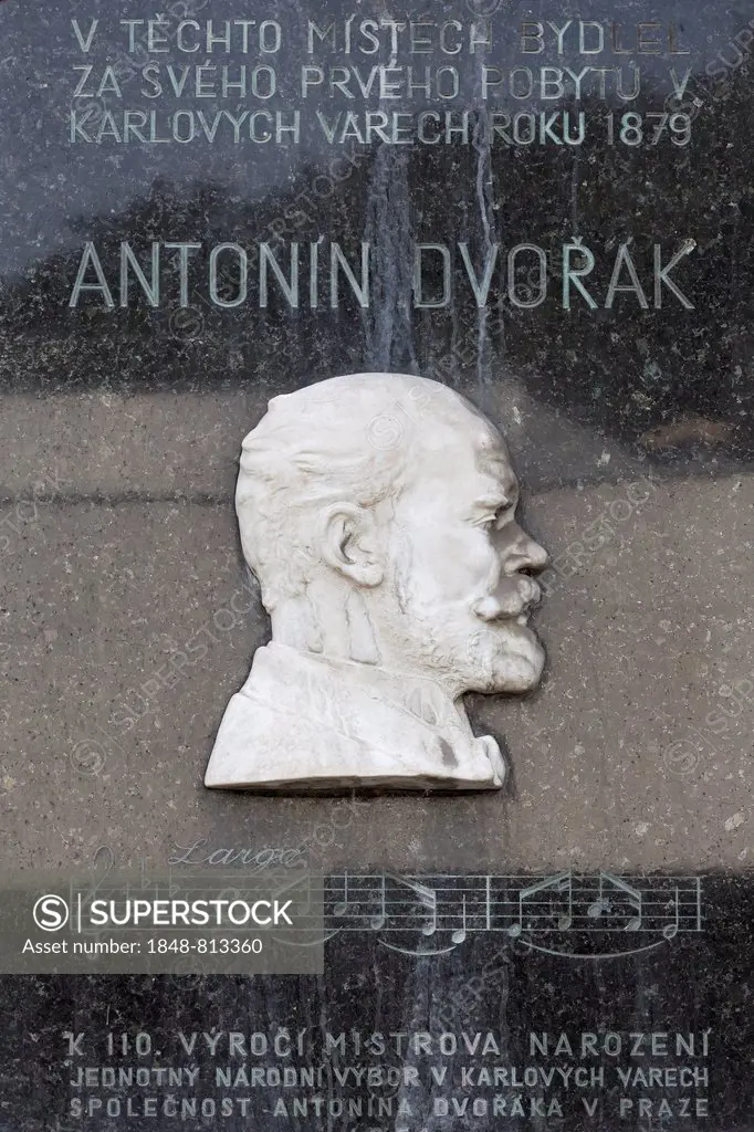 Plaque commemorating the composer Antonin Dvorak, Karlovy Vary, Karlovy Vary Region, Bohemia, Czech Republic