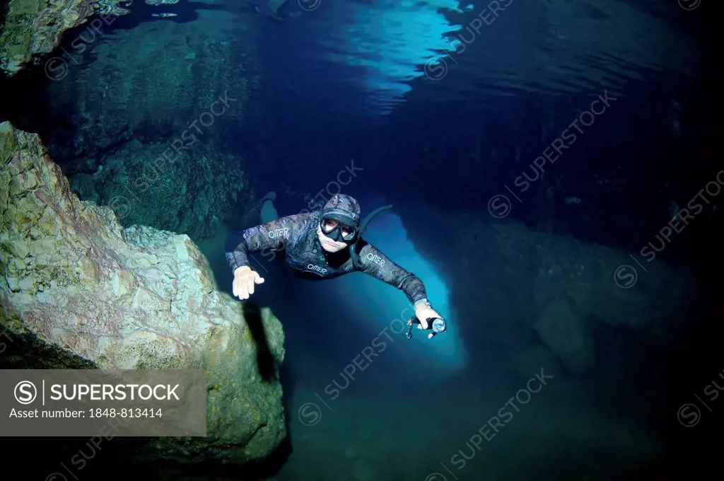 Freediver in a cave, Kas, Lycia, Province of Antalya, Turkey