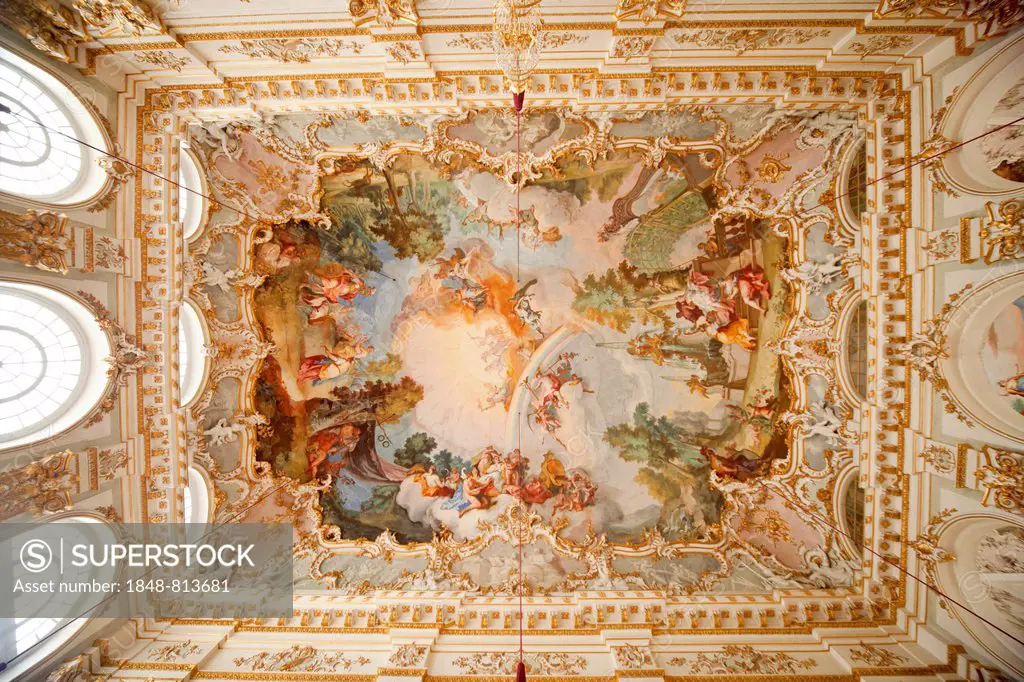 Ceiling fresco at Schloss Nymphenburg Palace, Munich, Upper Bavaria, Bavaria, Germany