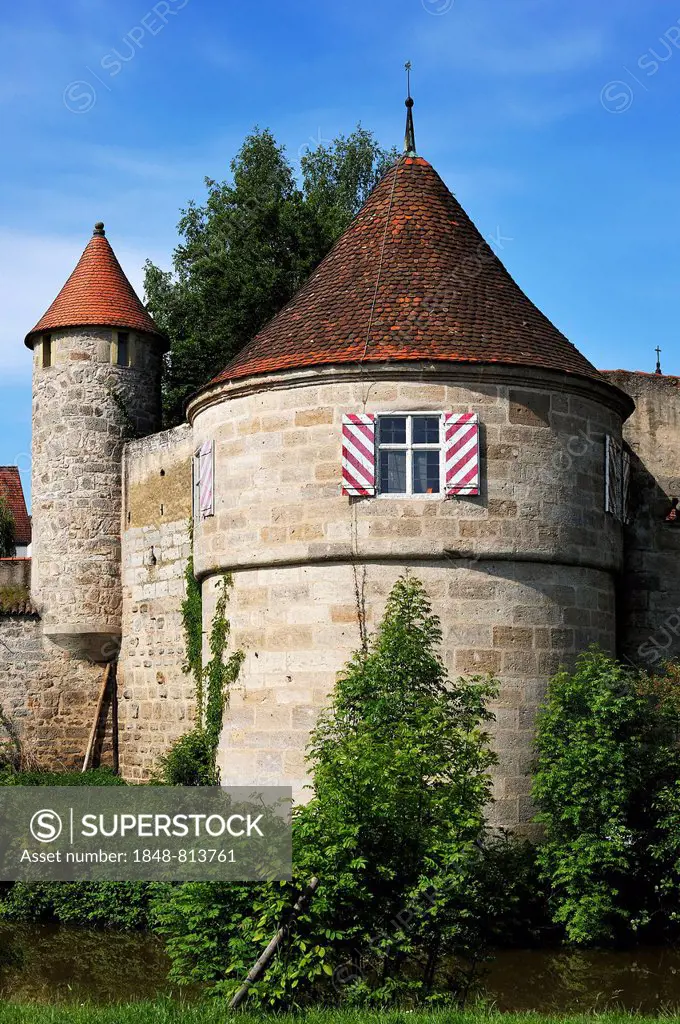 Kleine Bastei, small bastion, wide round tower used as a turret, from 1555, at the Woernitz river, Dinkelsbühl, Middle Franconia, Bavaria, Germany