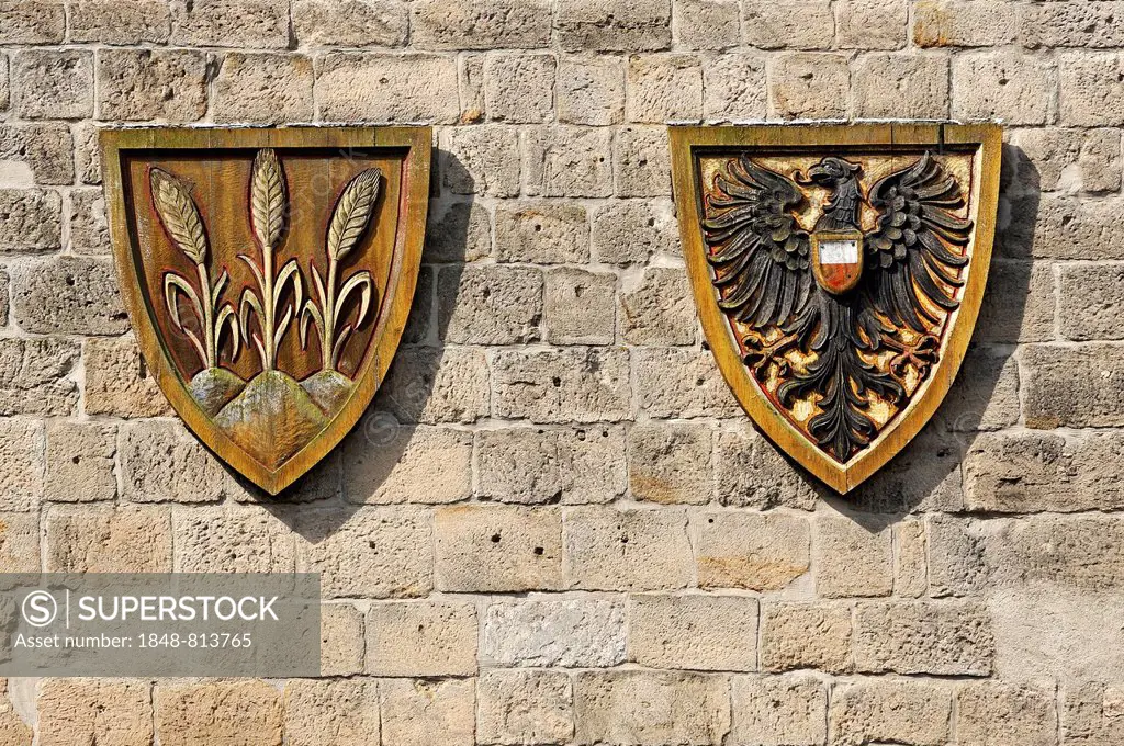 Coat of arms for the Free Imperial City of Dinkelsbuehl next to the Imperial Eagle, Woernitz Gate, Dinkelsbühl, Middle Franconia, Bavaria, Germany