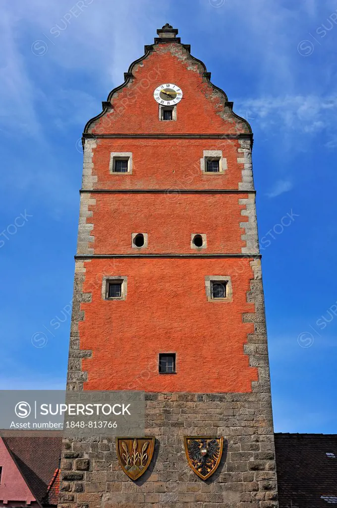 Upper part of the Woernitz Gate with the city and the national coat of arms, 14th Century, renaissance gable with bell tower from the 16th century, Di...